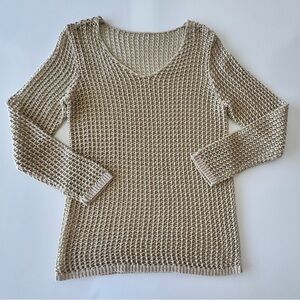 Long Sleeve Loose Knit Beige Gold V-Neck Womens Sexy Medium Top